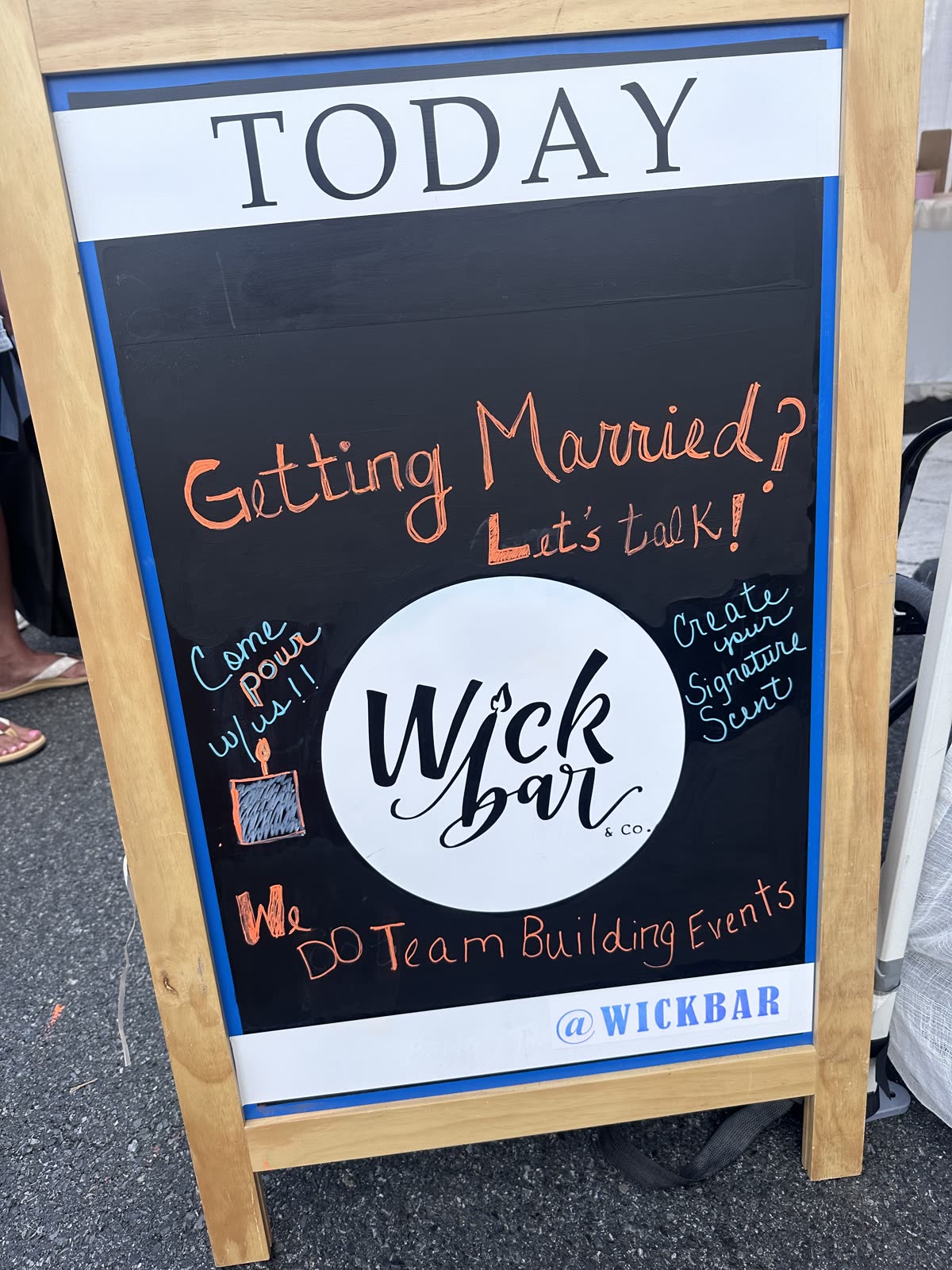 The Wick Bar chalkboard sign: “Getting married? Let’s talk!”